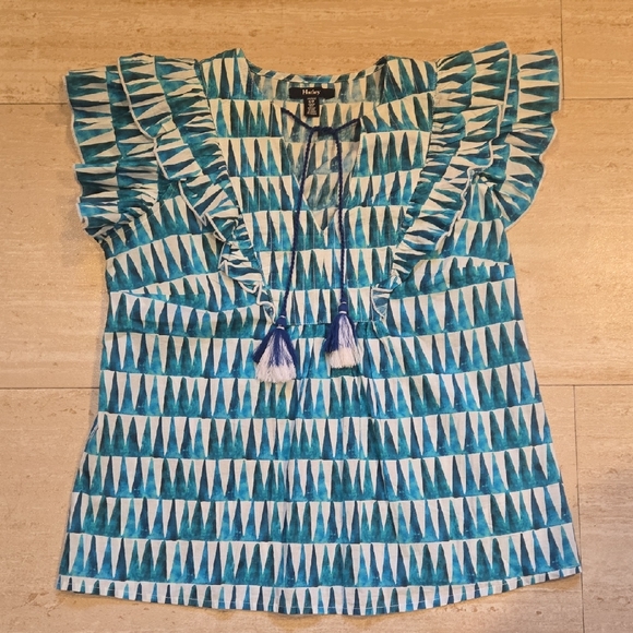 Hatley Tops - Hatley Geometric Print Tiered Ruffle Sleeve Vneck Tank Blouse